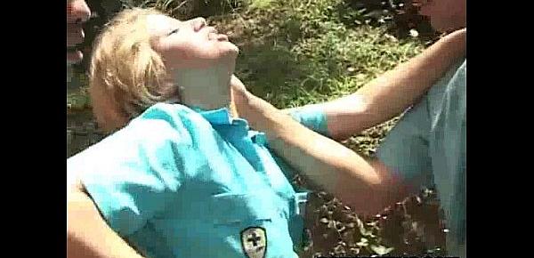  Blonde babe gets DPed in the forest
